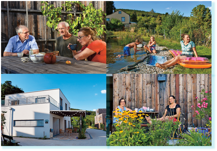 Collage: Drei Personen tratschen an einem Holztisch sitzend; Familie am Badeteich; Haus mit Gemeinschaftsbereich; Zwei Frauen sitzen auf einet Terrasse im Garten