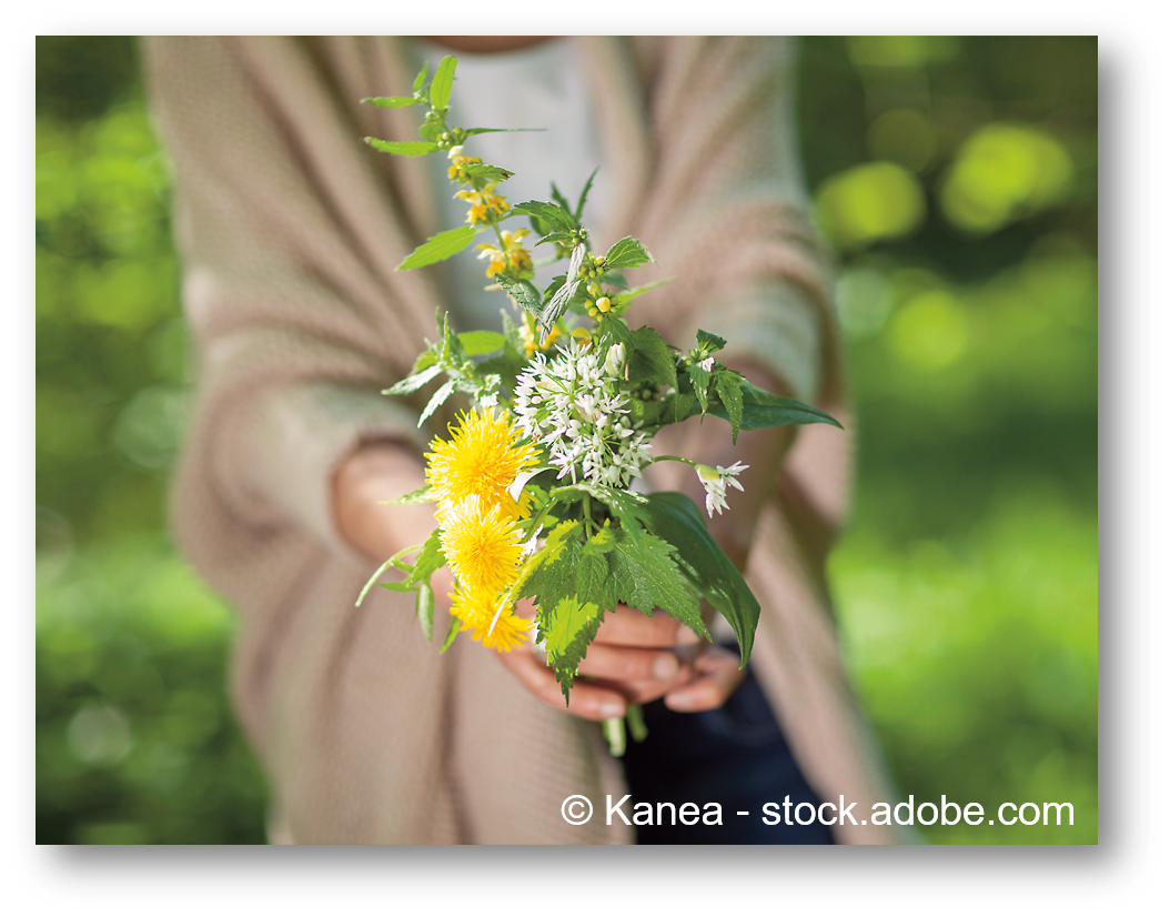 Frau hält Wiesenblumen in Händen
